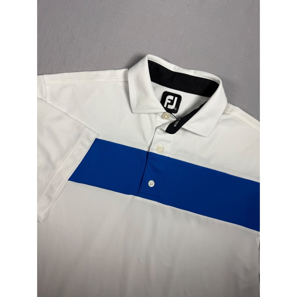 FootJoy Mens White Blue Stripe Golf Polo Shirt Medium Country Club Logo FJ